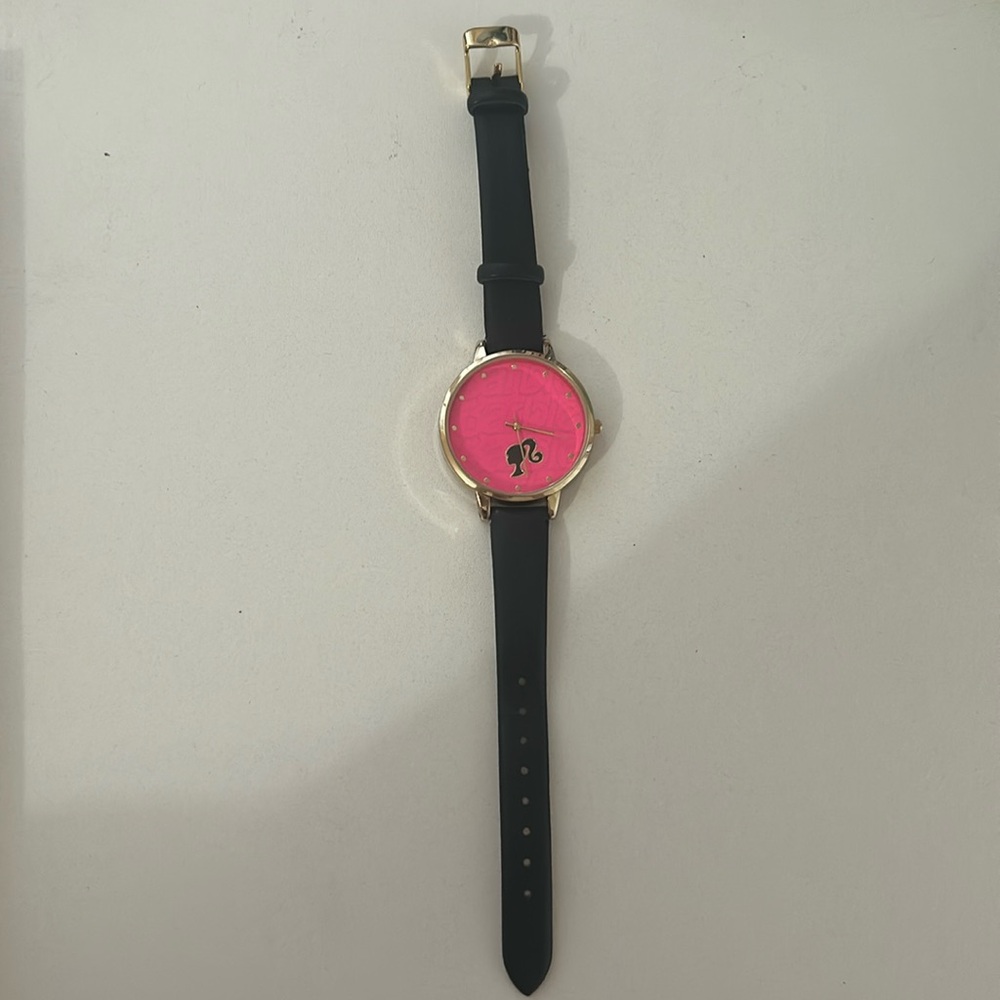 Barbie Pink Face Watch Black Strap Gold Tone Case Fashion Watch - Picture 1 of 2